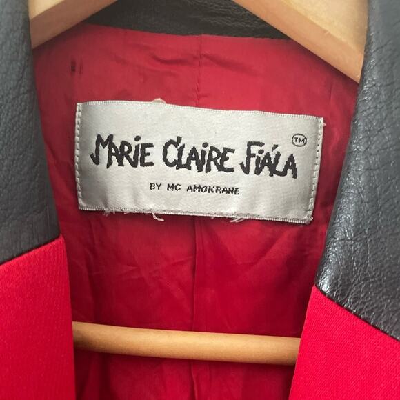 Marie Clair Fiala Women Vintage Classic Red Button Front Blazer Leather Collar - Picture 3 of 12